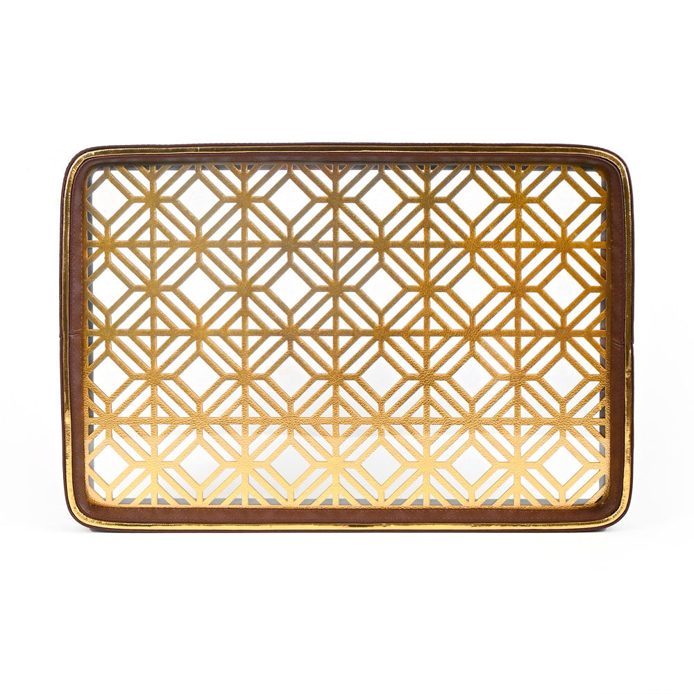 Golden Lattice Glass Leatherette Rectangle Tray | Brown