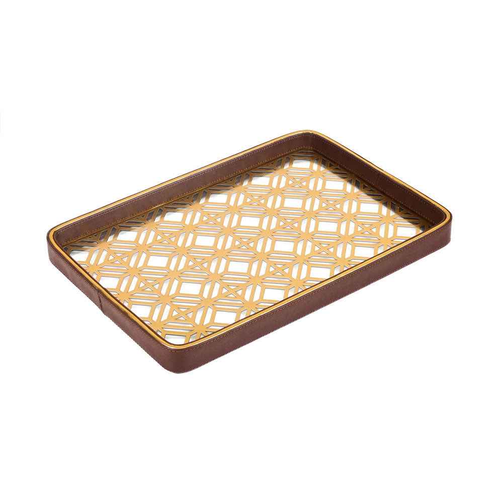 Golden Lattice Glass Leatherette Rectangle Tray | Brown