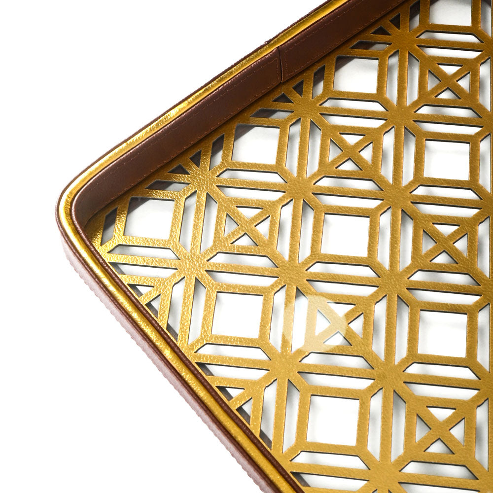 Golden Lattice Glass Leatherette Rectangle Tray | Brown