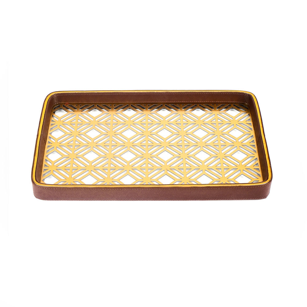 Golden Lattice Glass Leatherette Rectangle Tray | Brown