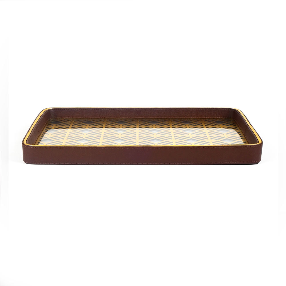 Golden Lattice Glass Leatherette Rectangle Tray | Brown