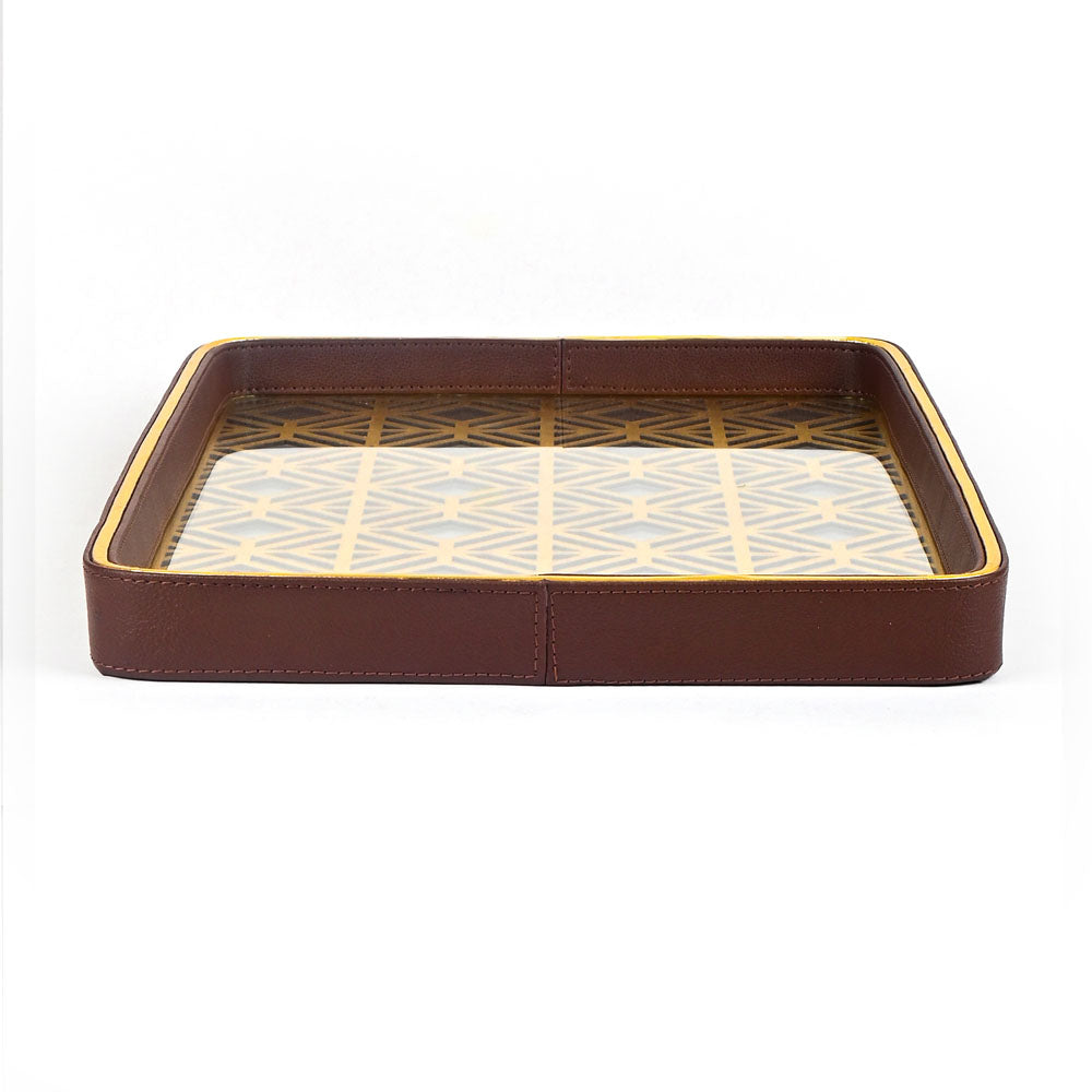 Golden Lattice Glass Leatherette Rectangle Tray | Brown