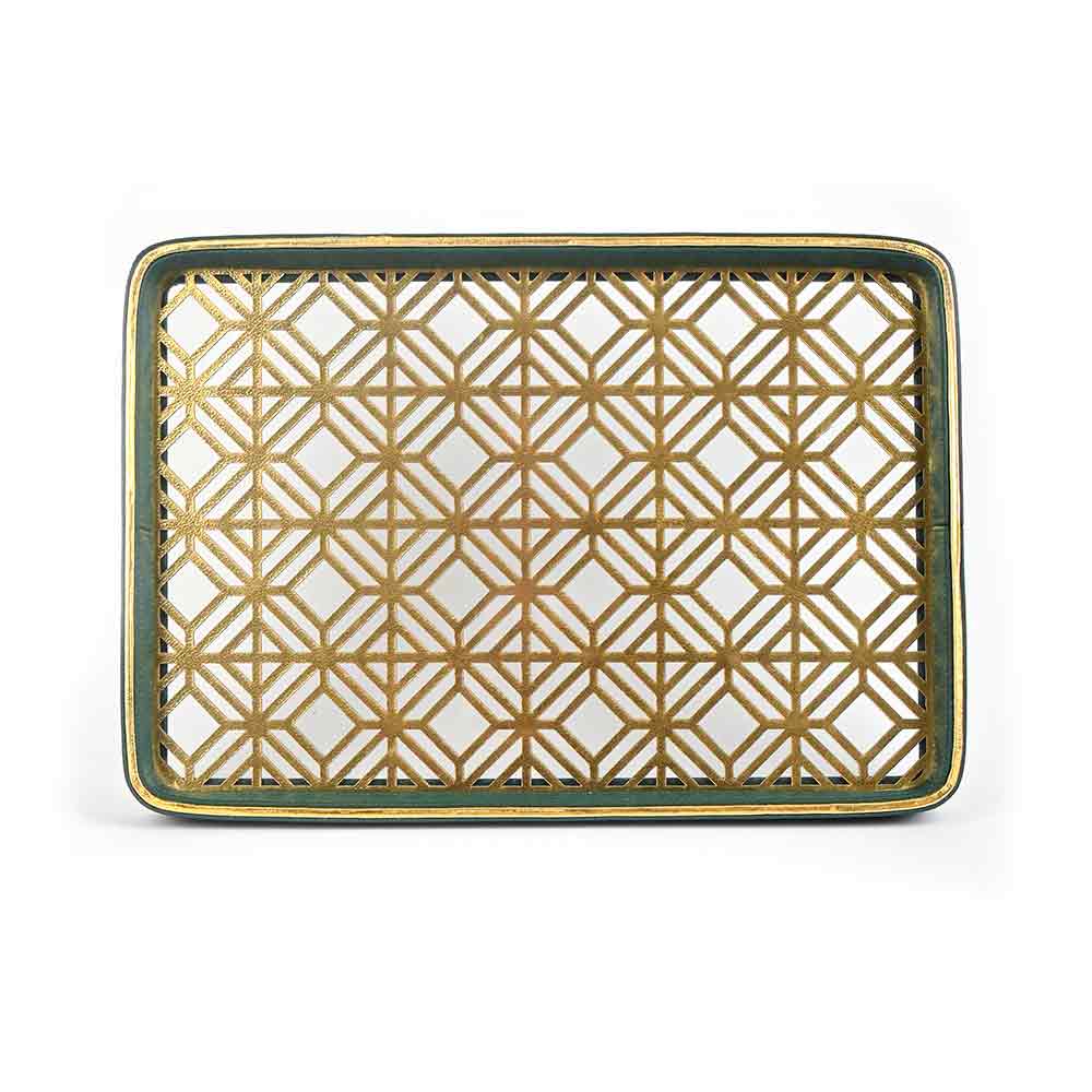 Golden Lattice Glass Leatherette Rectangle Tray | Green