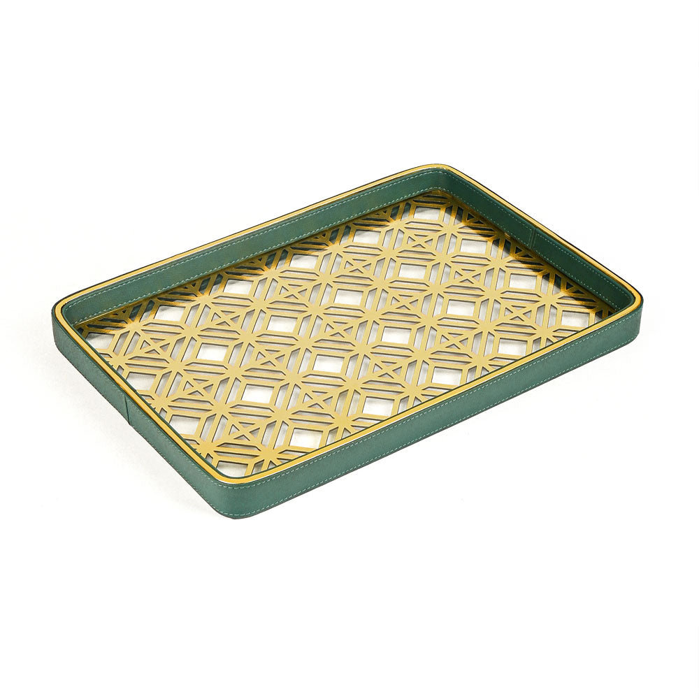 Golden Lattice Glass Leatherette Rectangle Tray | Green