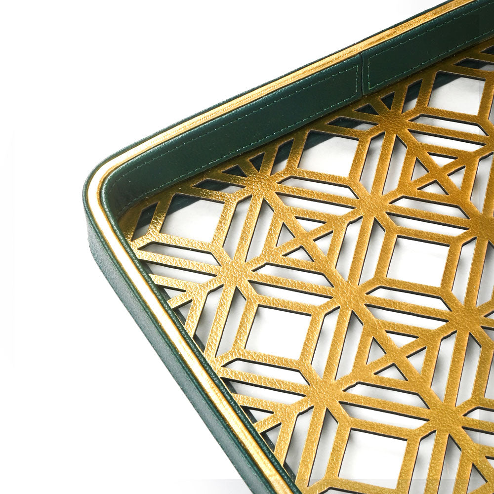 Golden Lattice Glass Leatherette Rectangle Tray | Green