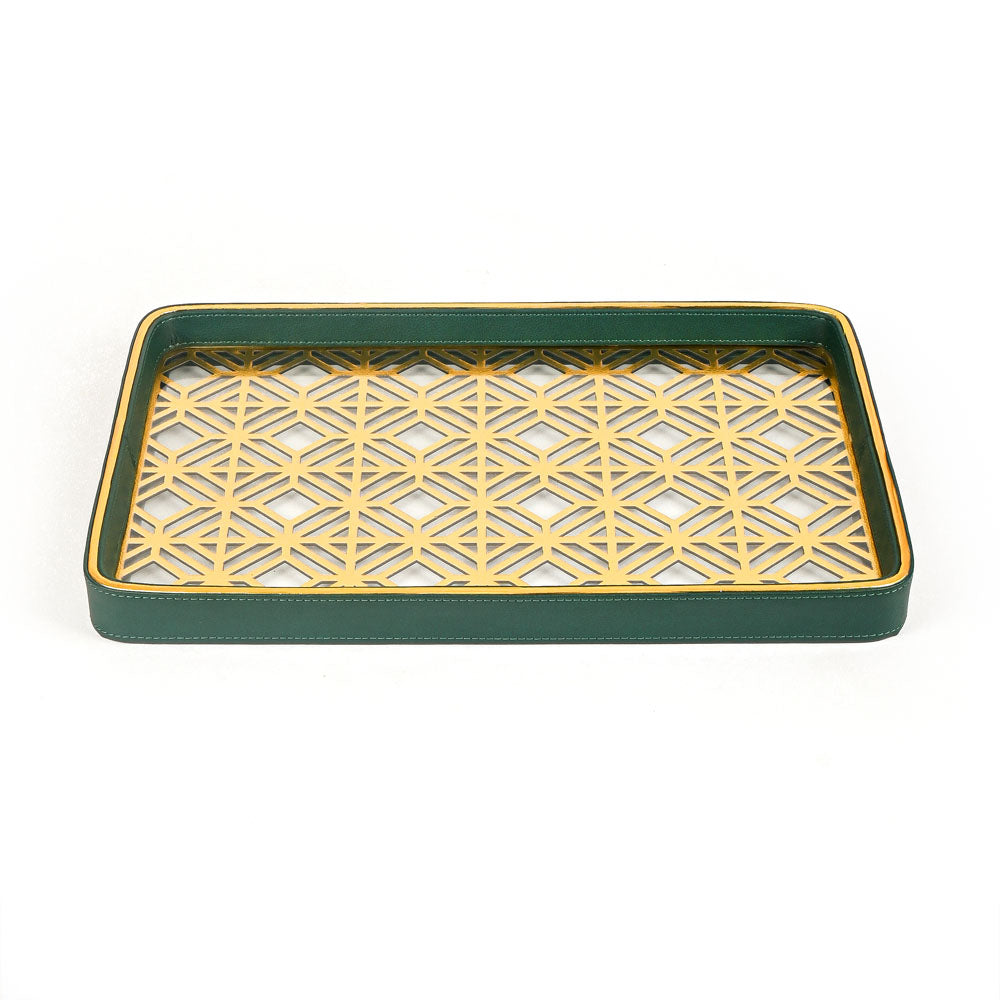 Golden Lattice Glass Leatherette Rectangle Tray | Green