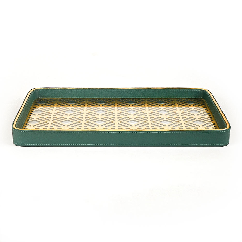 Golden Lattice Glass Leatherette Rectangle Tray | Green