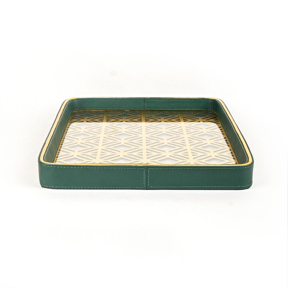 Golden Lattice Glass Leatherette Rectangle Tray | Green