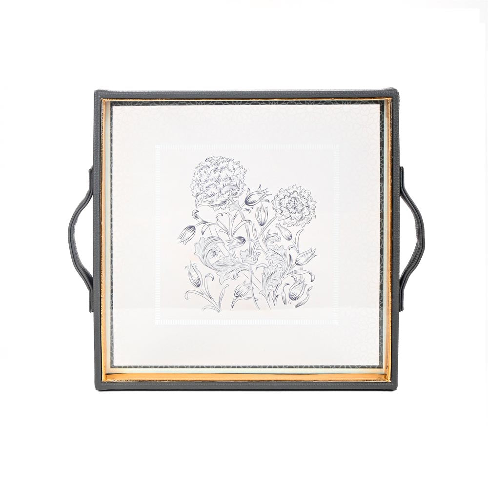 Grey Iris Print Glass Leatherette Square Tray