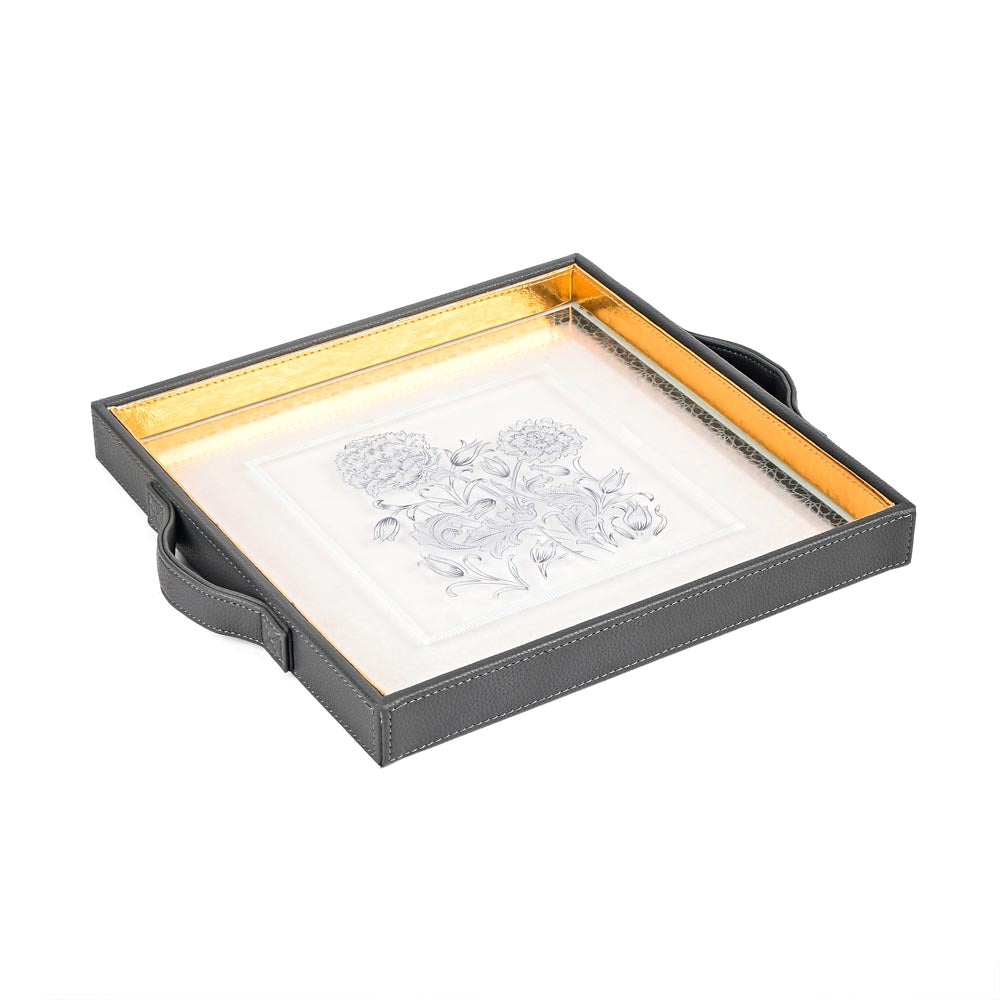 Grey Iris Print Glass Leatherette Square Tray