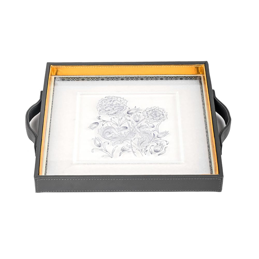 Grey Iris Print Glass Leatherette Square Tray