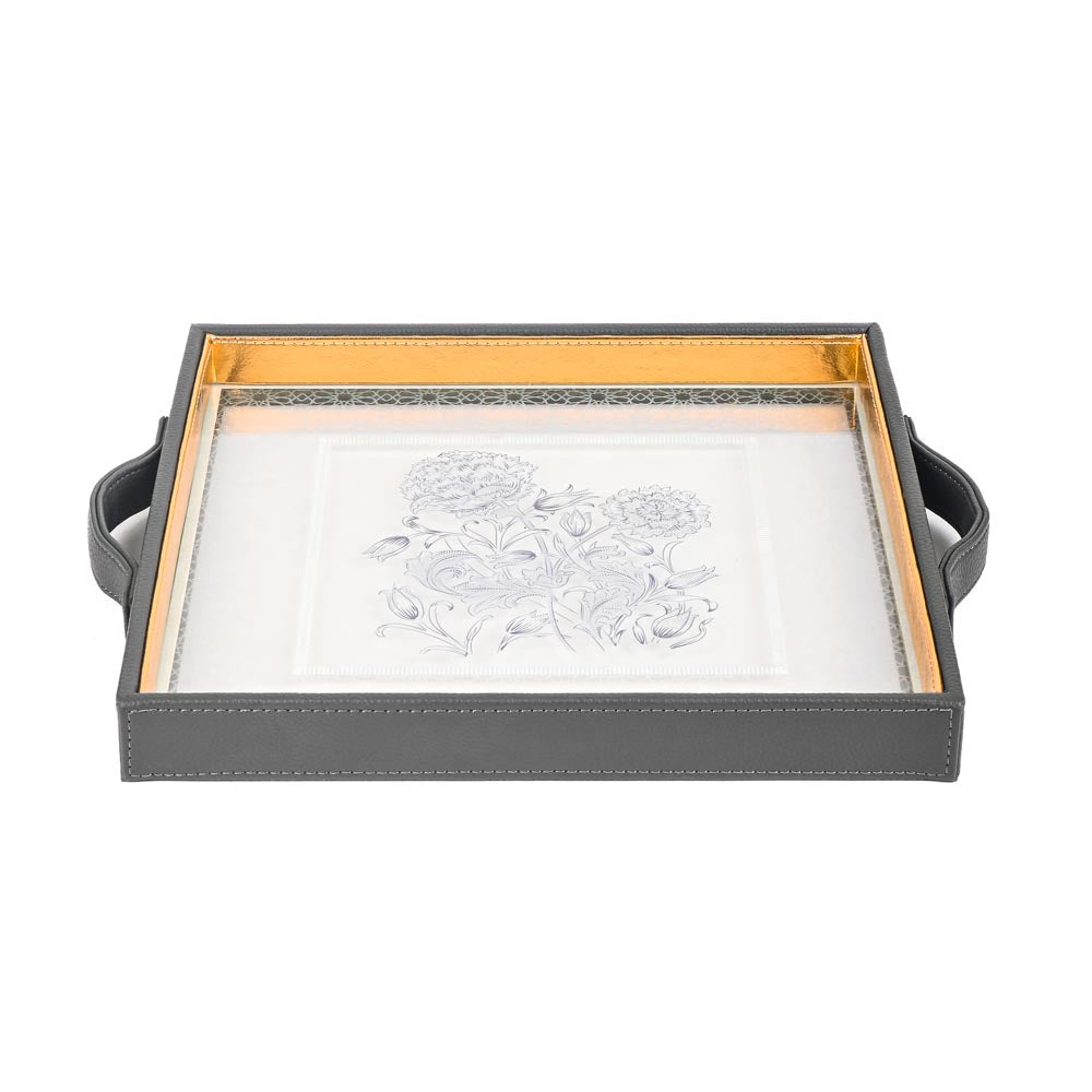 Grey Iris Print Glass Leatherette Square Tray