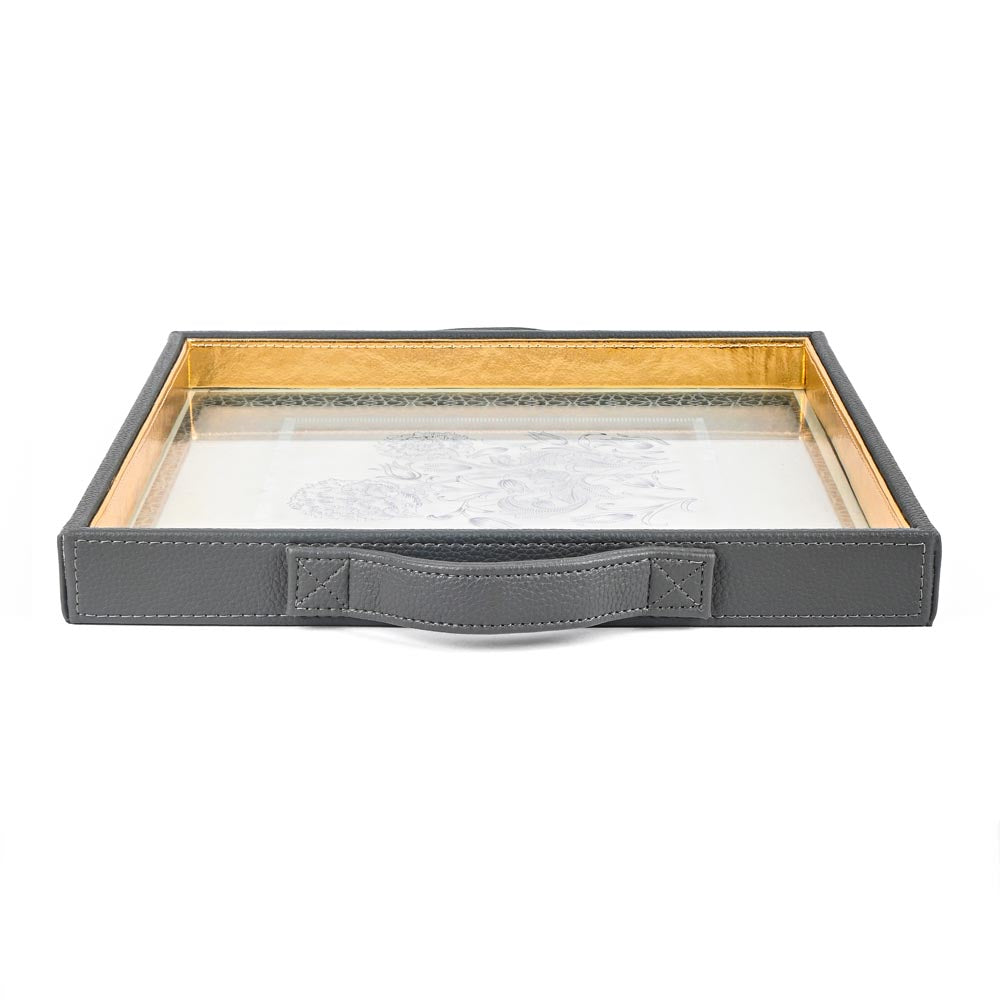 Grey Iris Print Glass Leatherette Square Tray