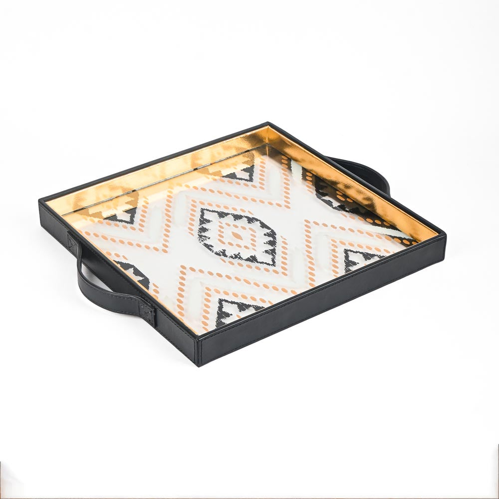 Shamiyana Print Glass Leatherette Square Tray | Black