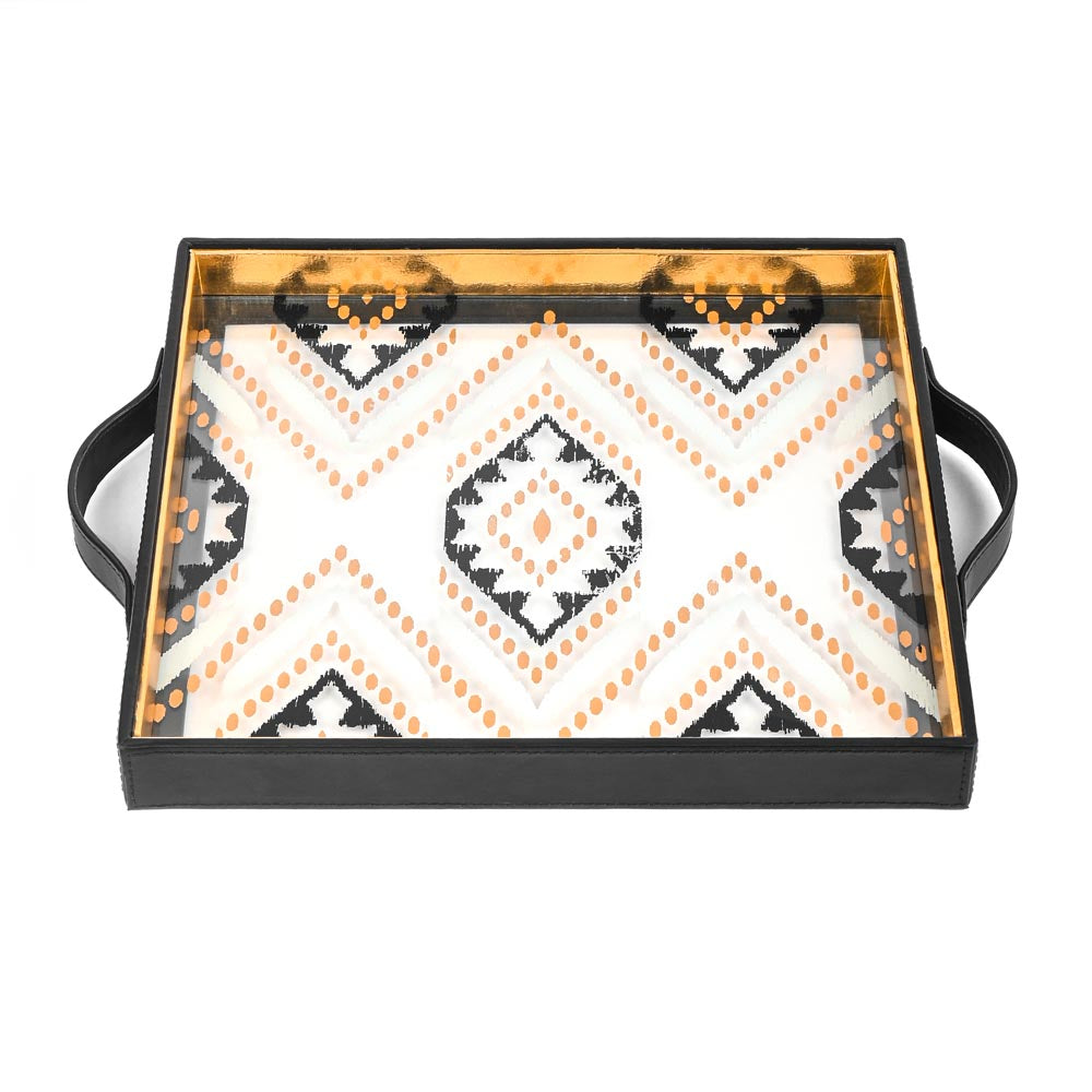 Shamiyana Print Glass Leatherette Square Tray | Black