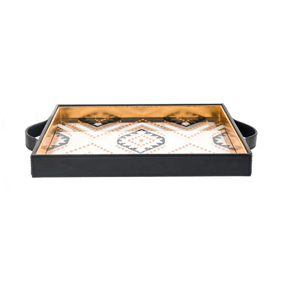 Shamiyana Print Glass Leatherette Square Tray | Black