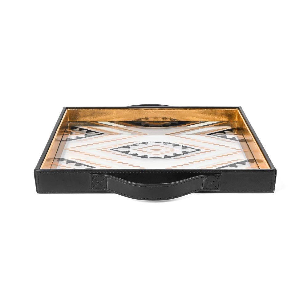 Shamiyana Print Glass Leatherette Square Tray | Black