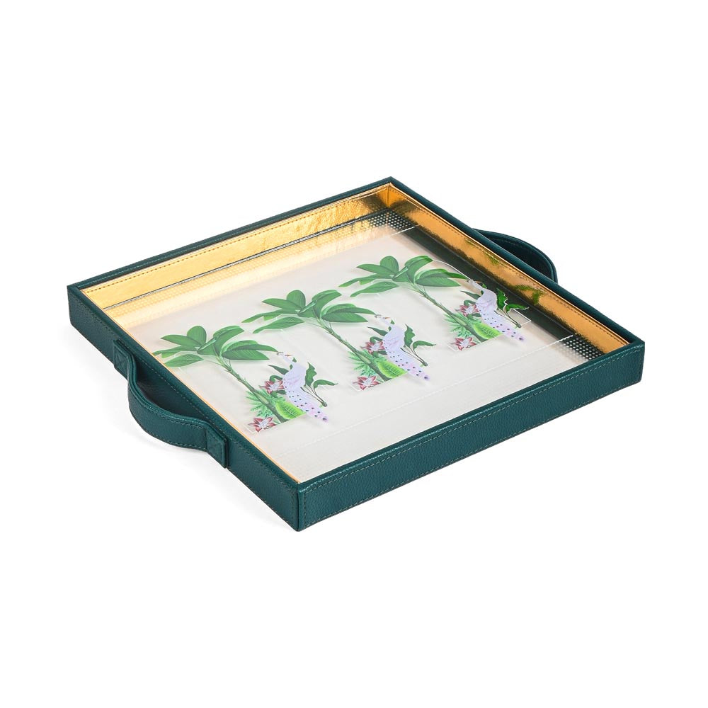 Mayura Print Glass Leatherette Square Tray | Green