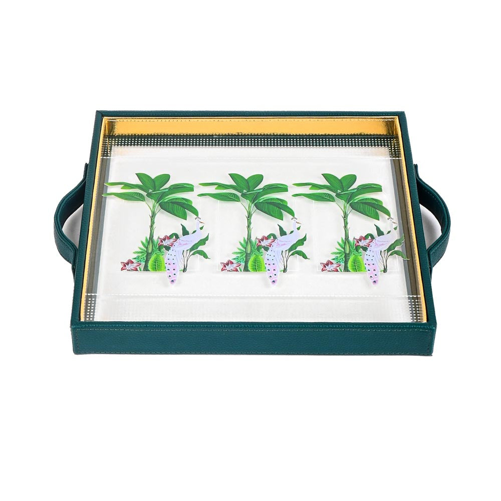 Mayura Print Glass Leatherette Square Tray | Green