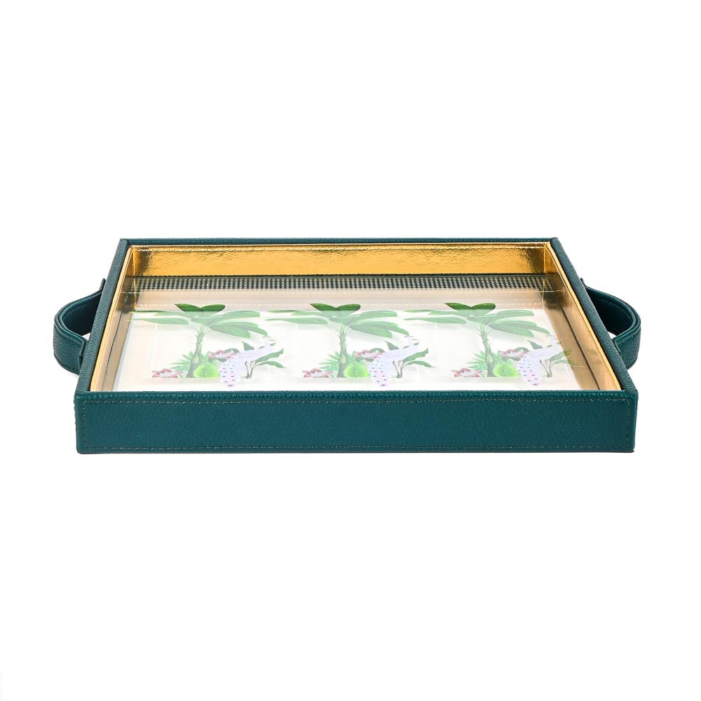 Mayura Print Glass Leatherette Square Tray | Green