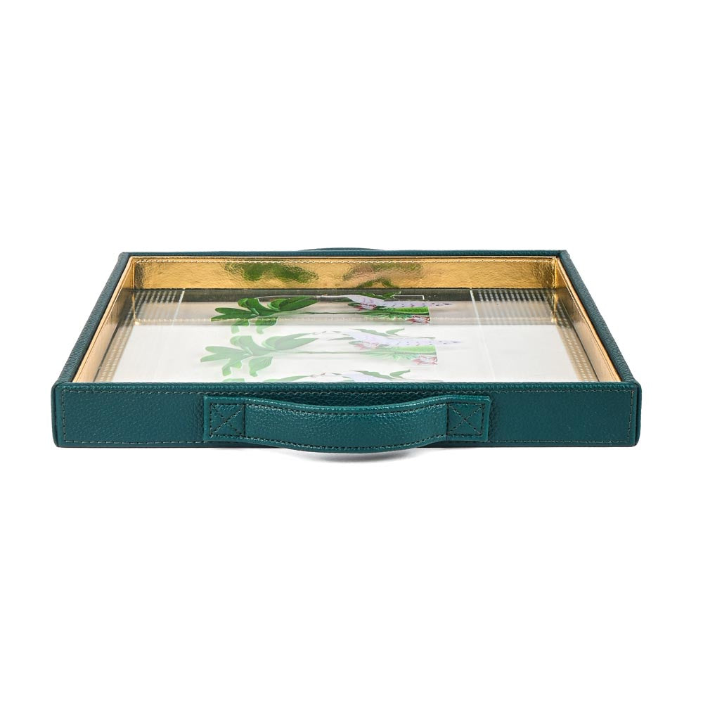 Mayura Print Glass Leatherette Square Tray | Green