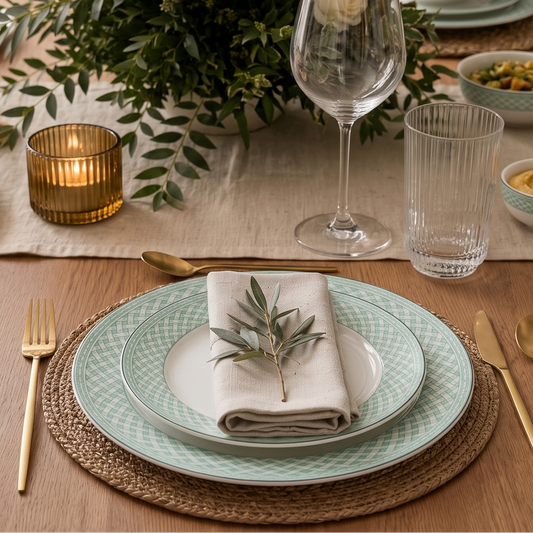 A beautifully styled dining table setting with a light blue and white textured ceramic plate, a folded white napkin with a green olive branch, gold flatware, clear ribbed glassware, and a lush green floral centerpiece on a wooden table.