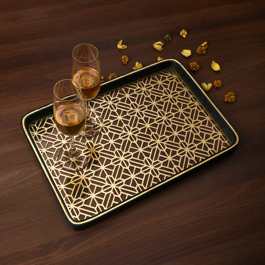 Golden Lattice Glass Leatherette Rectangle Tray | Black