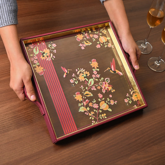 Bloom Print Glass Leatherette Square Tray