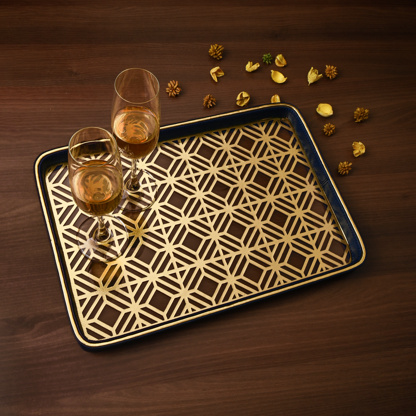 Golden Lattice Glass Leatherette Rectangle Tray | Blue