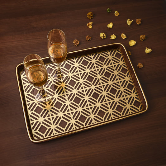 Golden Lattice Glass Leatherette Rectangle Tray | Brown