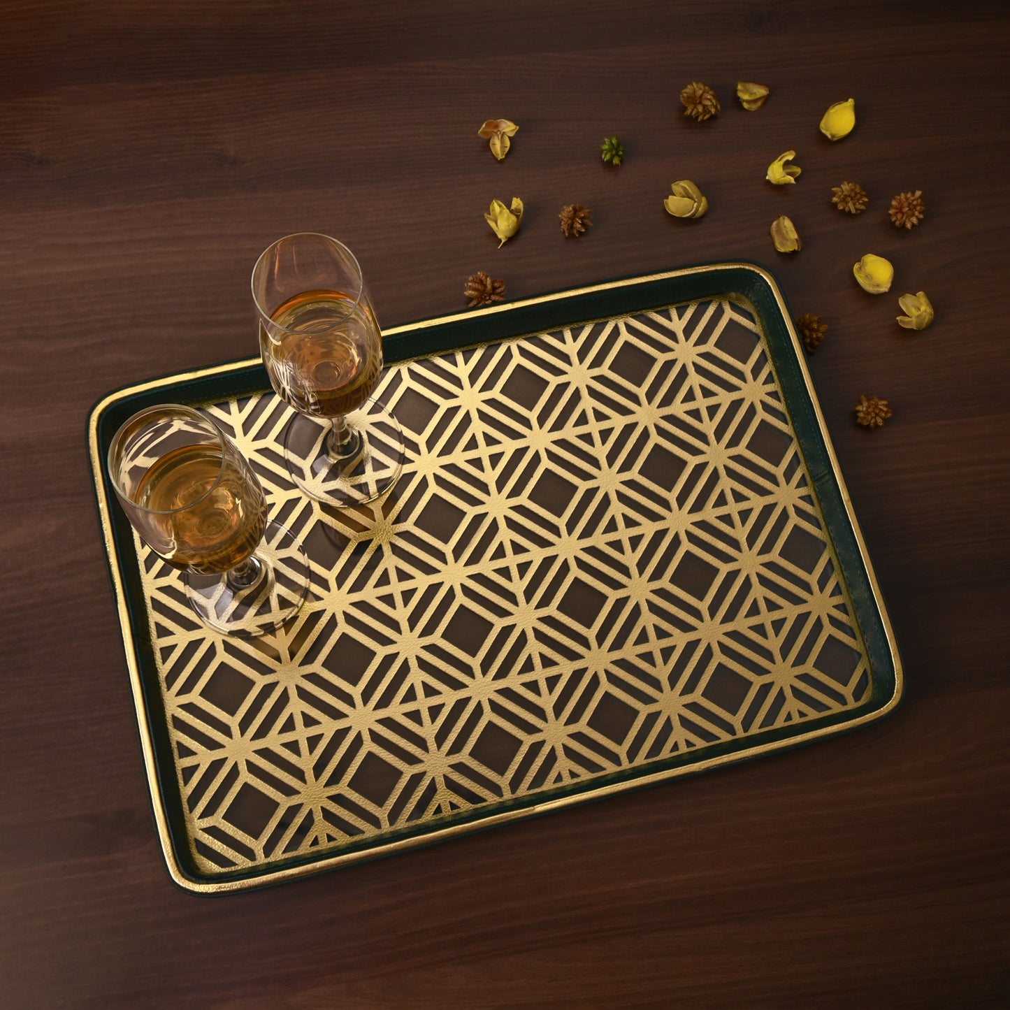 Golden Lattice Glass Leatherette Rectangle Tray | Green