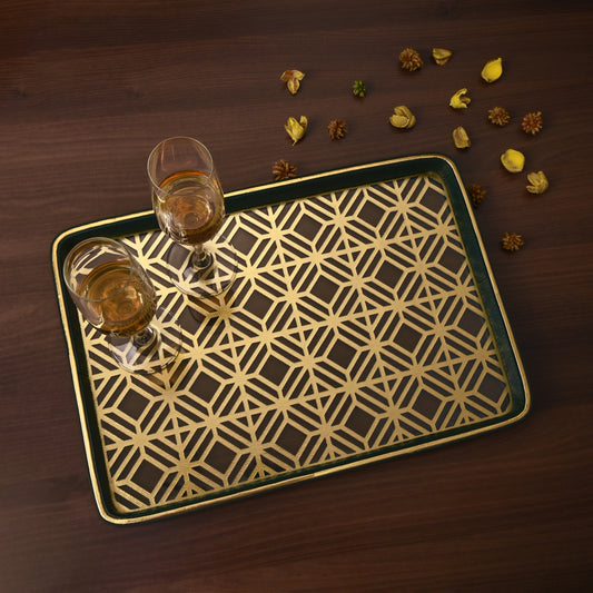 Golden Lattice Glass Leatherette Rectangle Tray | Green