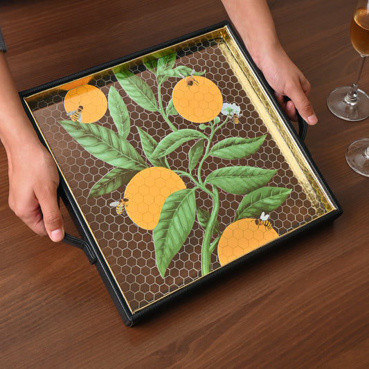 Bee Print Glass Leatherette Square Tray