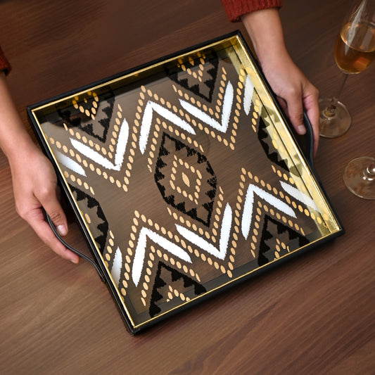 Shamiyana Print Glass Leatherette Square Tray | Black