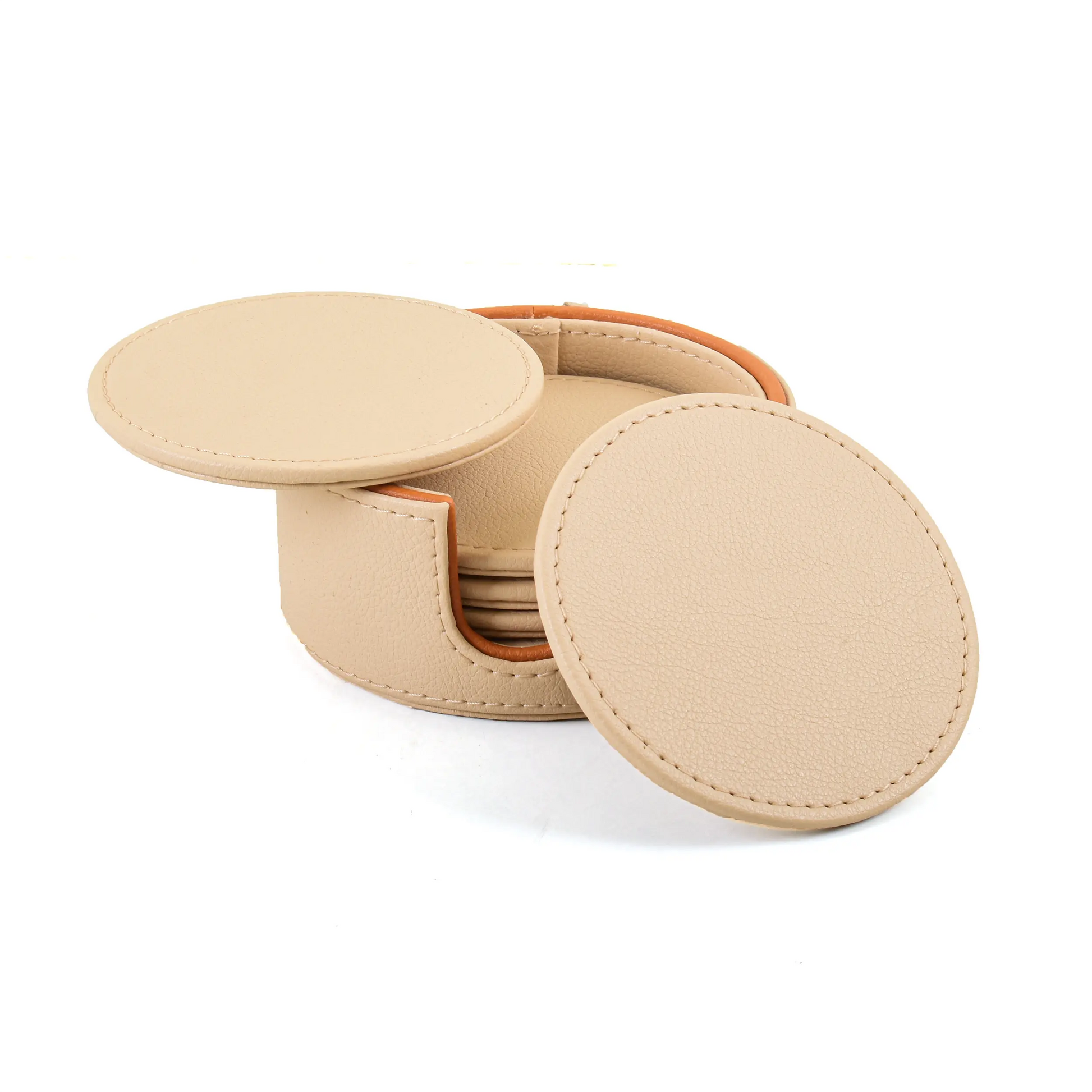 Leatherette Round Coasters Set of 6 | Beige | Axis 2.0 ICHKAN