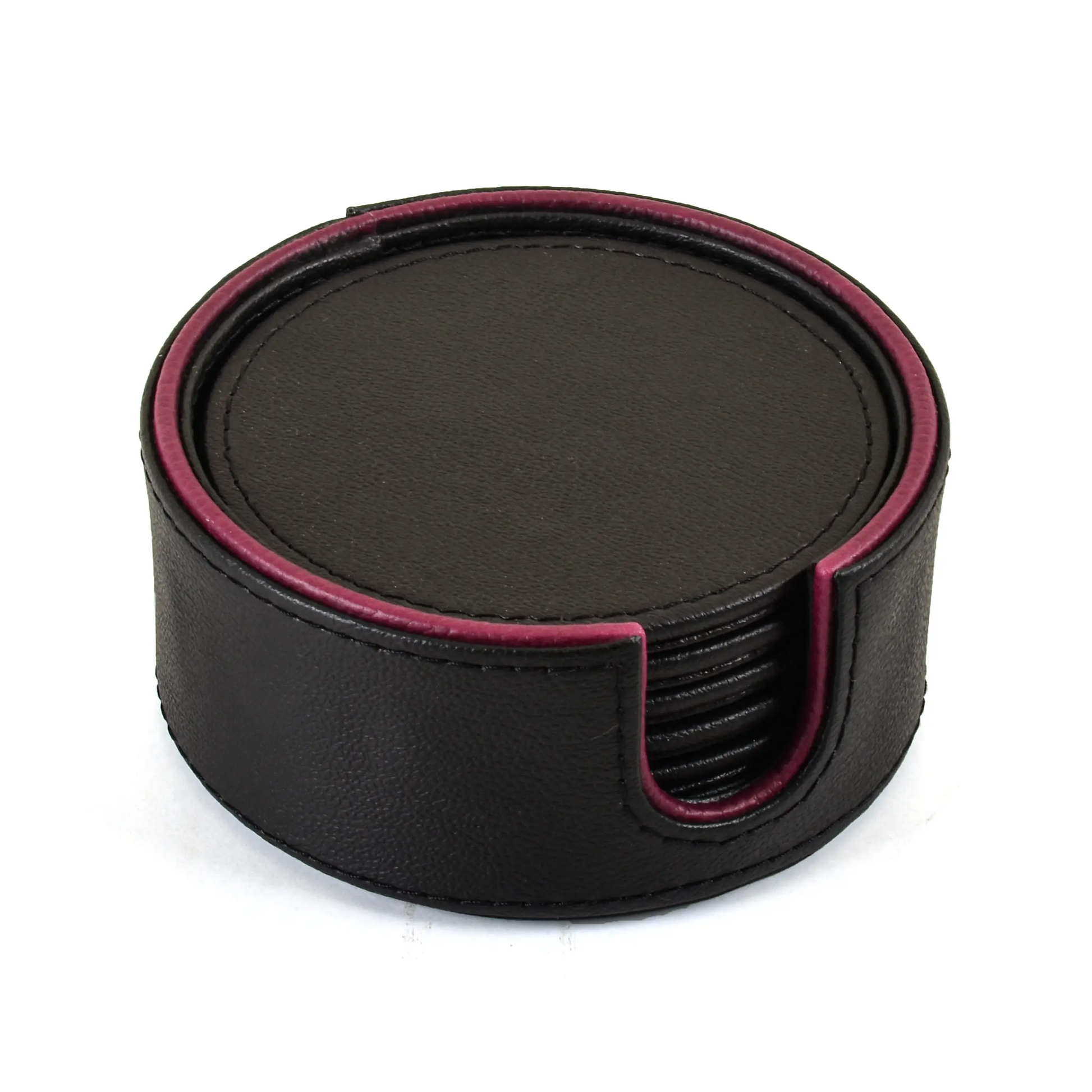 Leatherette Round Coasters Set of 6 | Black | Axis 2.0 ICHKAN