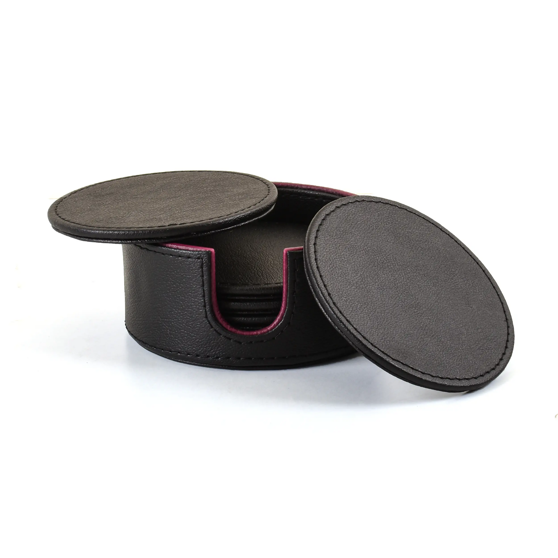 Leatherette Round Coasters Set of 6 | Black | Axis 2.0 ICHKAN