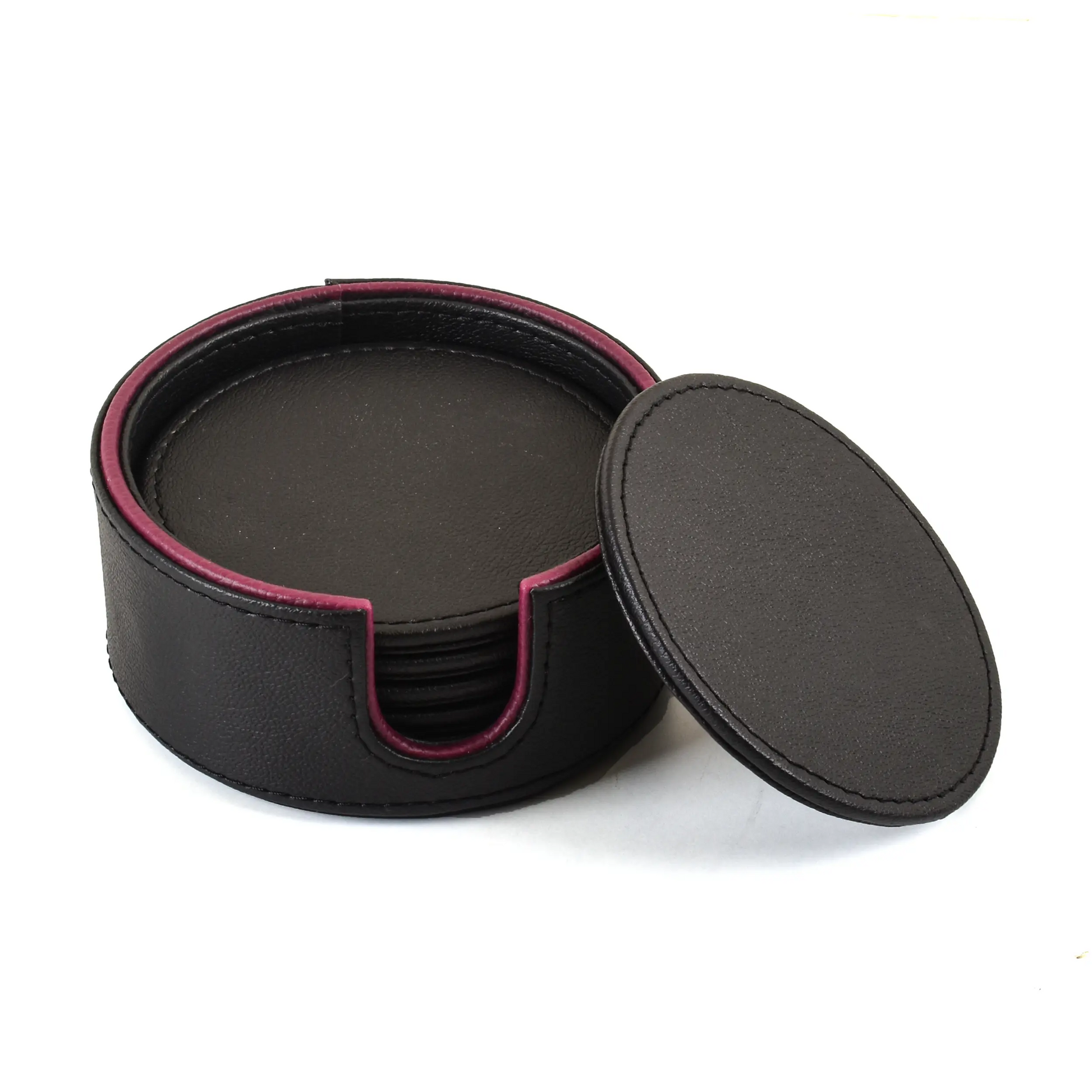 Leatherette Round Coasters Set of 6 | Black | Axis 2.0 ICHKAN