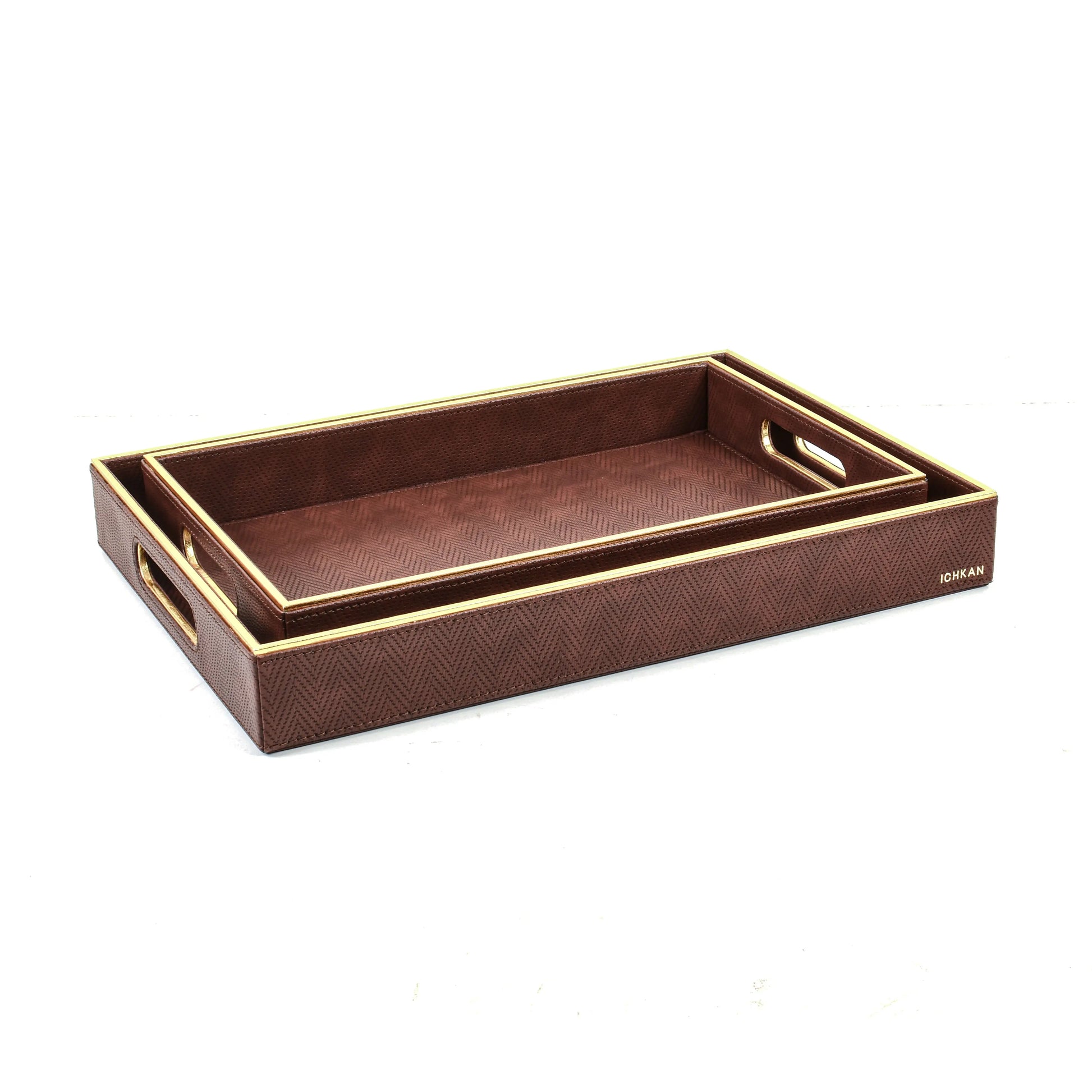 Leatherette Rectangle Serving Tray Set of 2 | Brown | Hamilton Ichkan