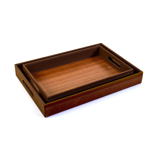 Leatherette Rectangle Serving Tray Set of 2 | Brown | Rubix Ichkan