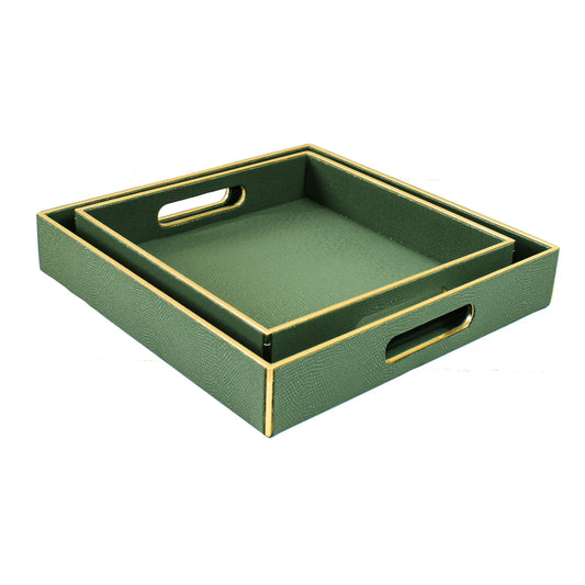 Leatherette Square Serving Tray Set of 2 | Olive Green | Serpentine Ichkan